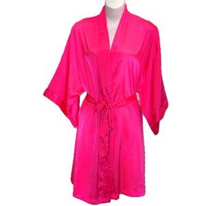 Victoria's Secret Kimono Bright Neon Pink Satin Robe Short Belted M/L Colorful